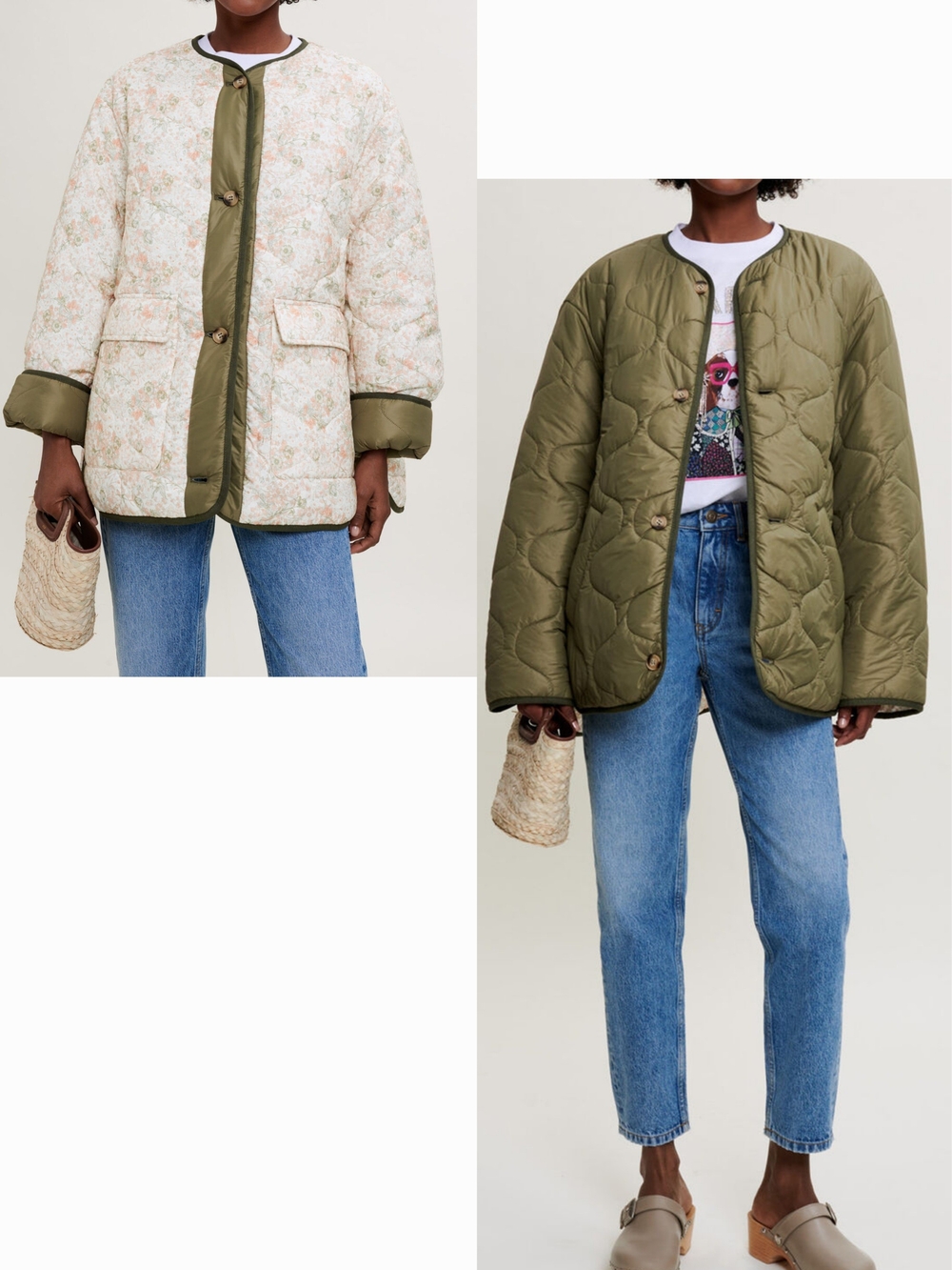 Maje Reversible Quilted Floral And Olive Green Jacket Oversized